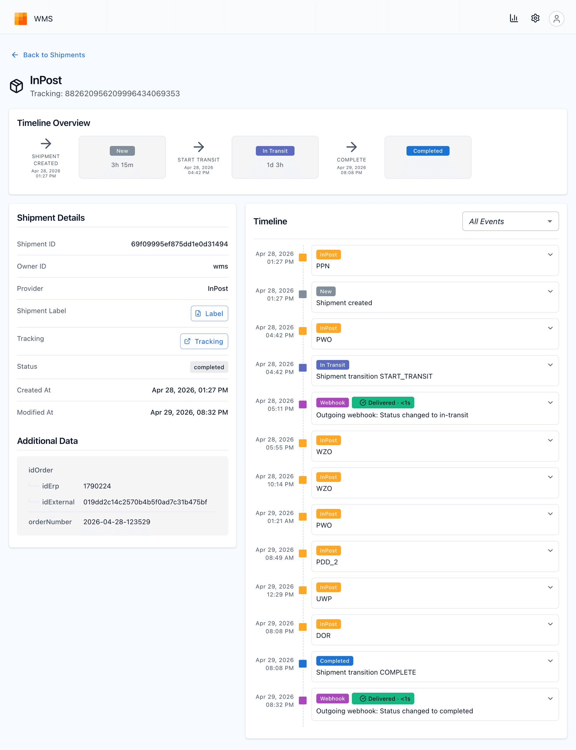 Crated shipment detail with timeline and event log
