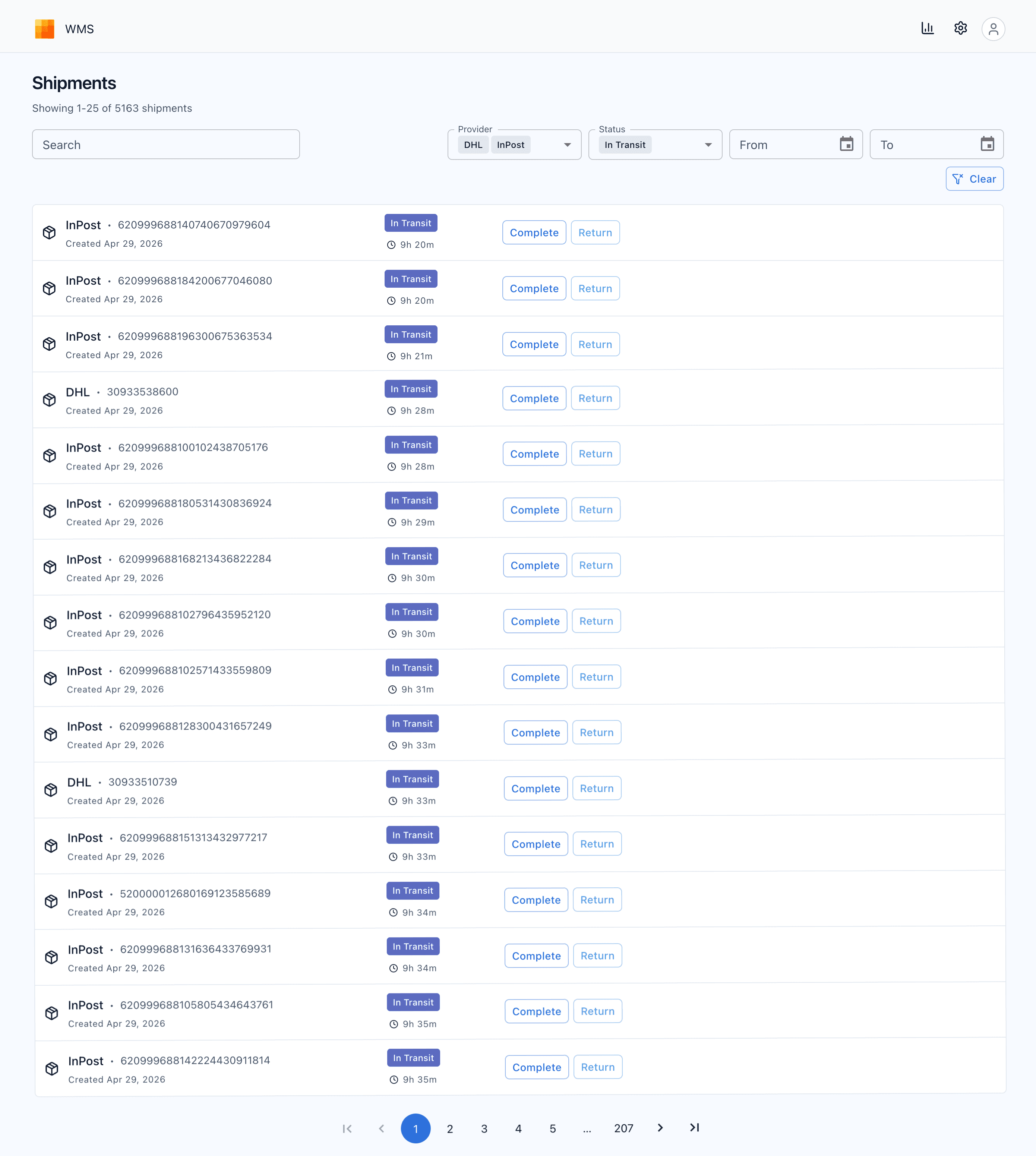 Shipments list with filters, status badges, and inline quick actions