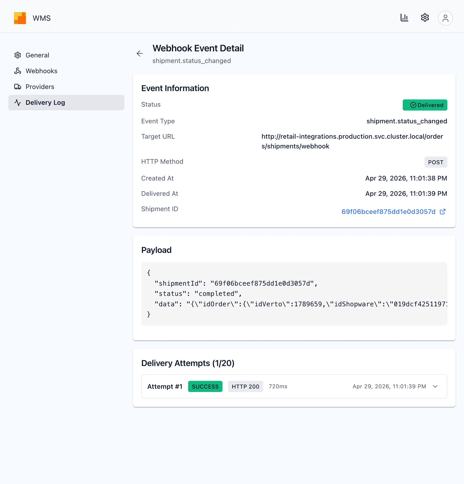 Webhook event detail showing payload, delivery attempts, and response metadata