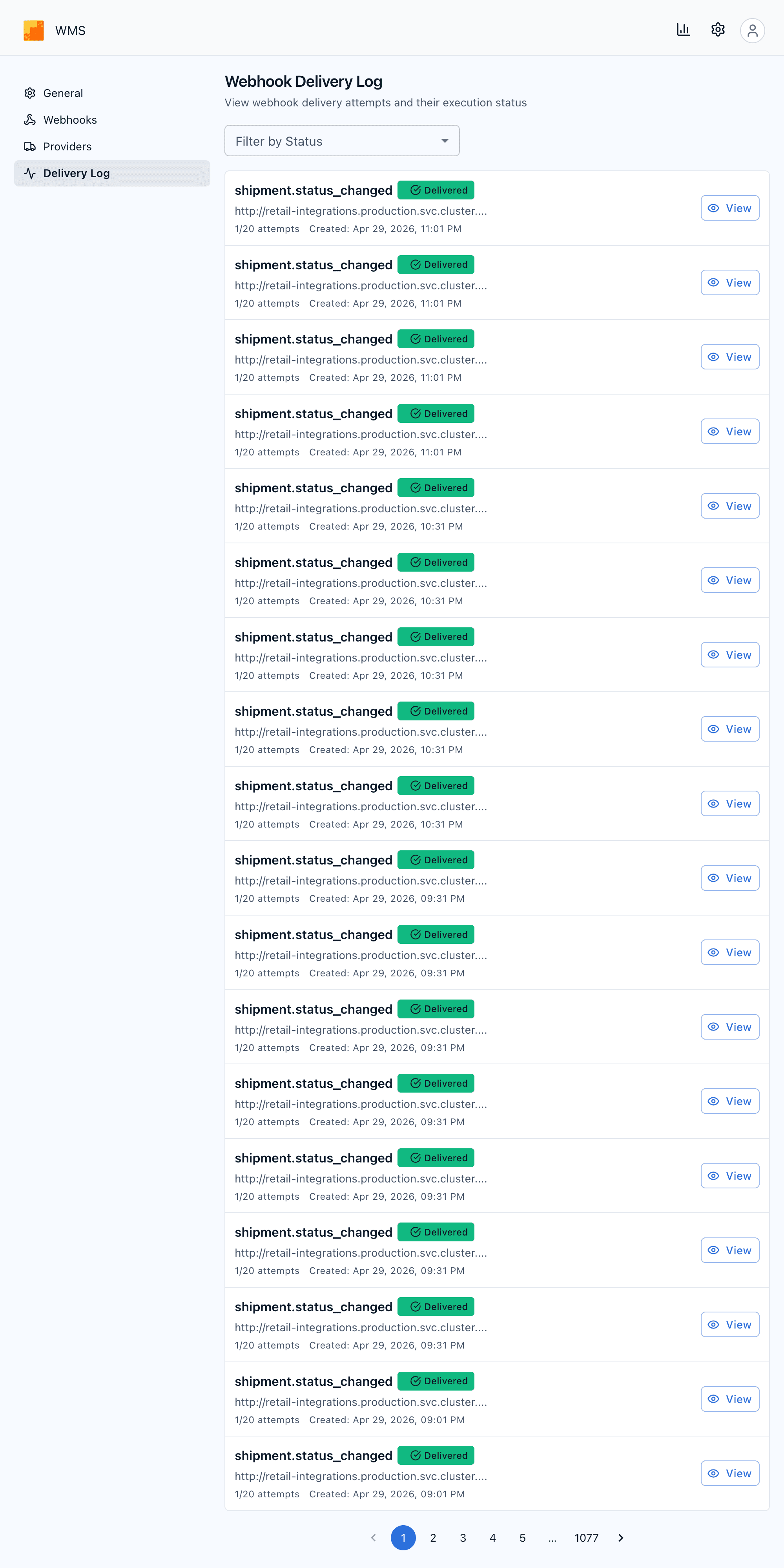 Webhook delivery log listing all outbound events across all webhooks