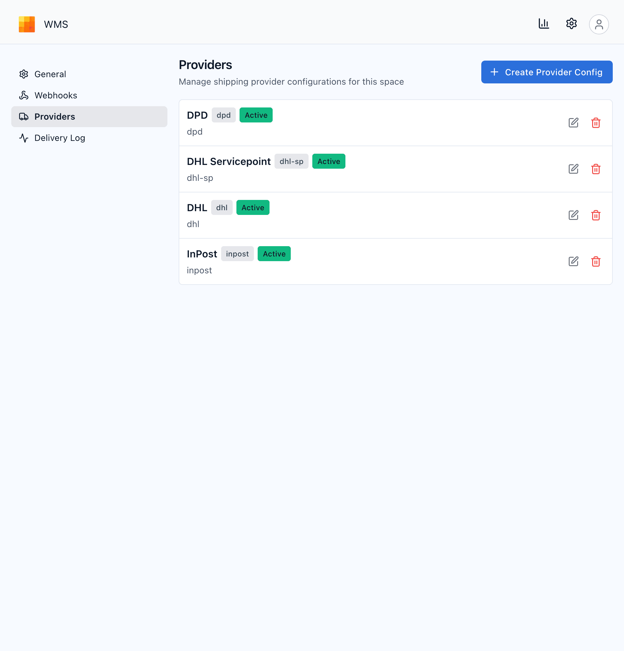 Provider configuration list showing DPD, DHL ServicePoint, DHL, and InPost